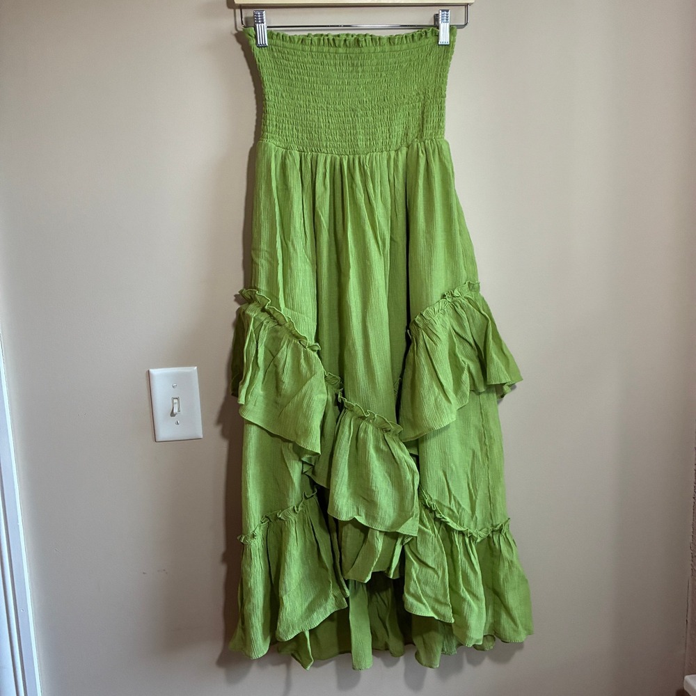Life Smocked Tiered Ruffle Maxi Skirt Medium Green Women Rayon Blend Boho